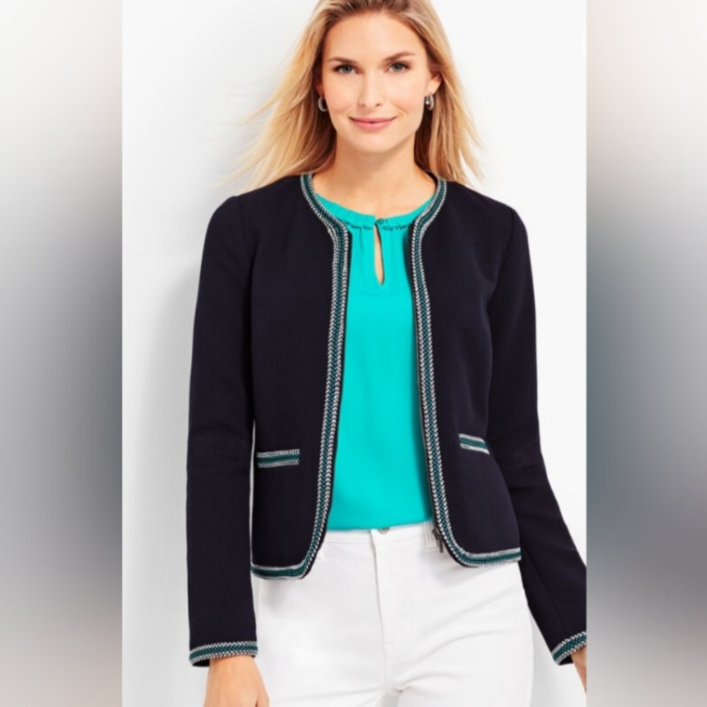 TALBOTS Spring Braided Trim Zip Front Navy Textured Jacket | 16W